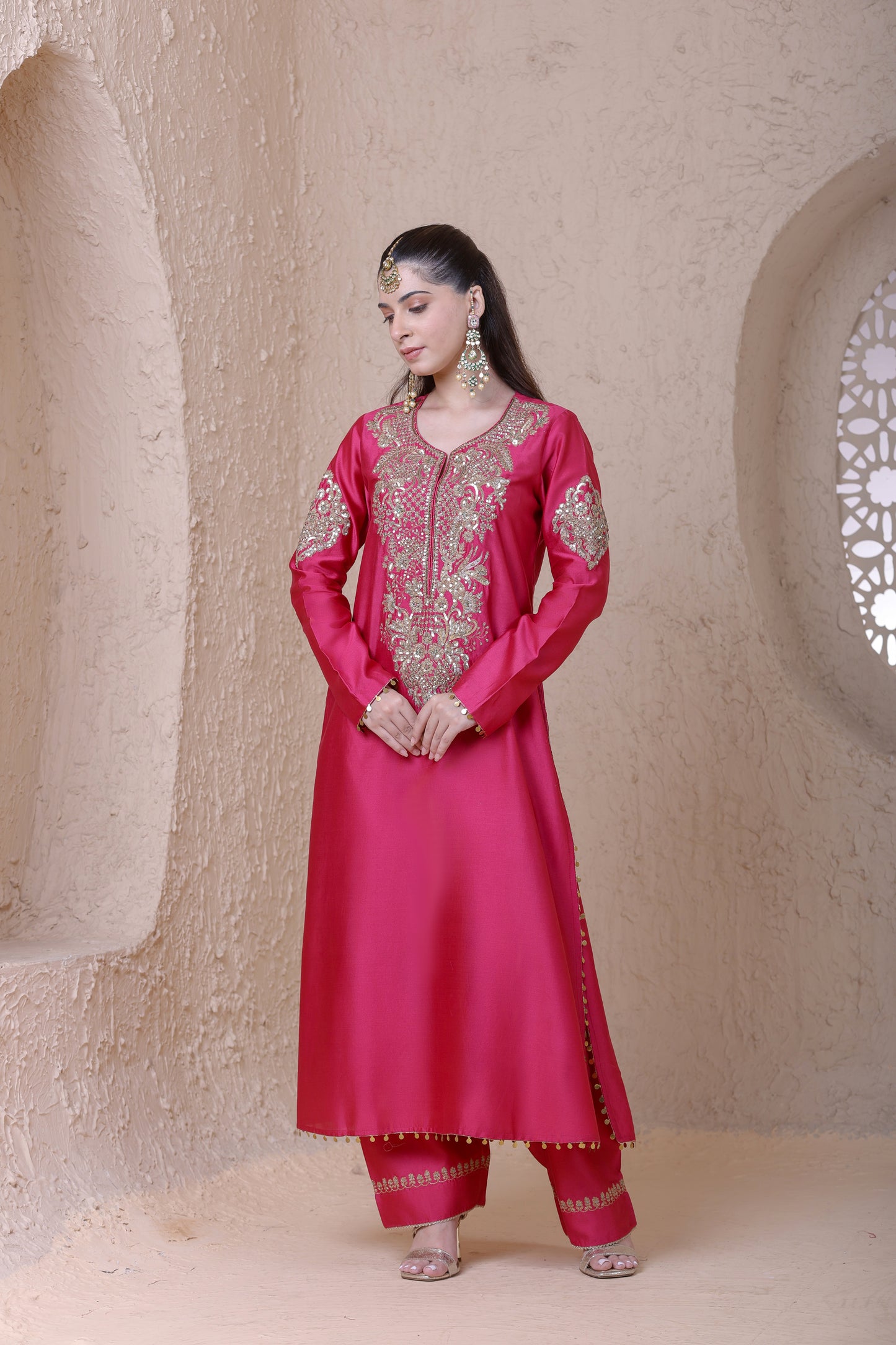 Rangrez Pink Heavy Neck Long Kurta Set