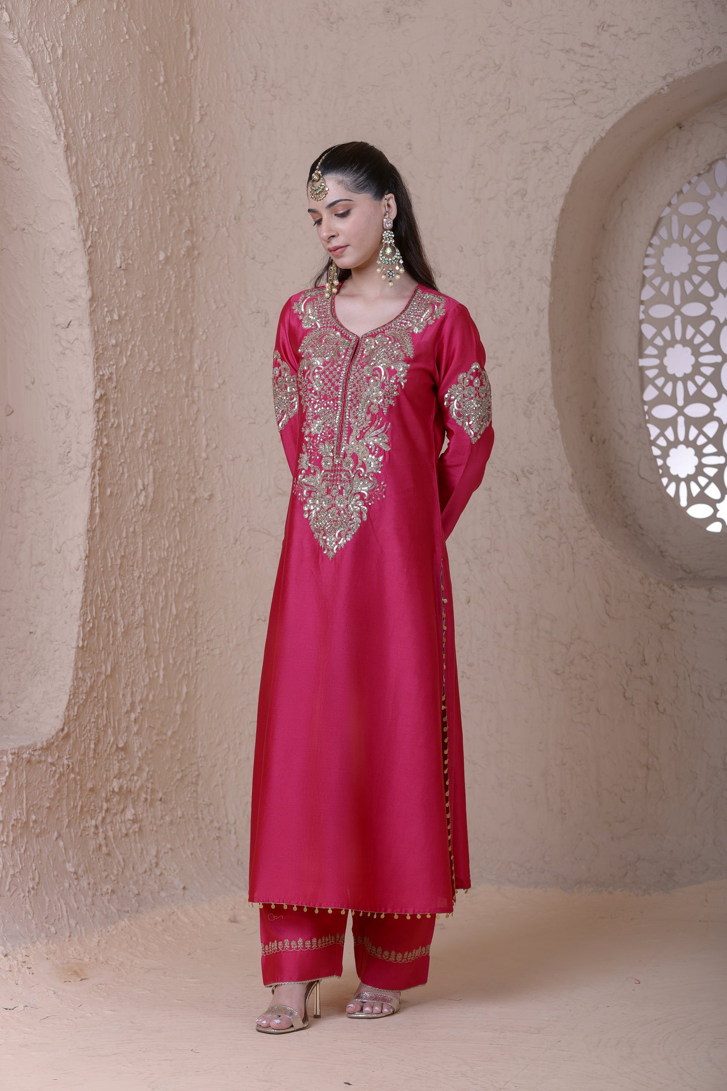 Rangrez Pink Heavy Neck Long Kurta Set