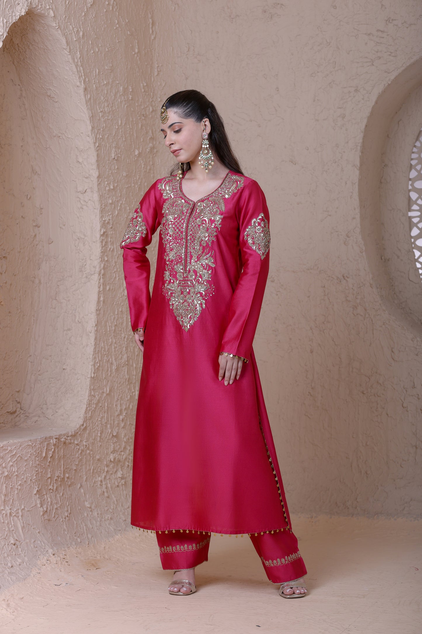Rangrez Pink Heavy Neck Long Kurta Set