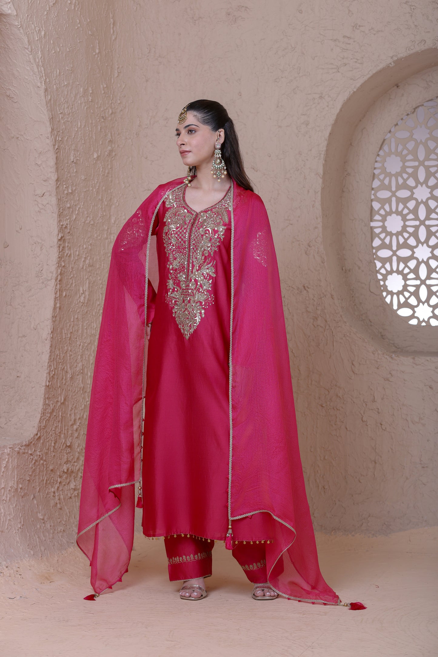 Rangrez Pink Heavy Neck Long Kurta Set