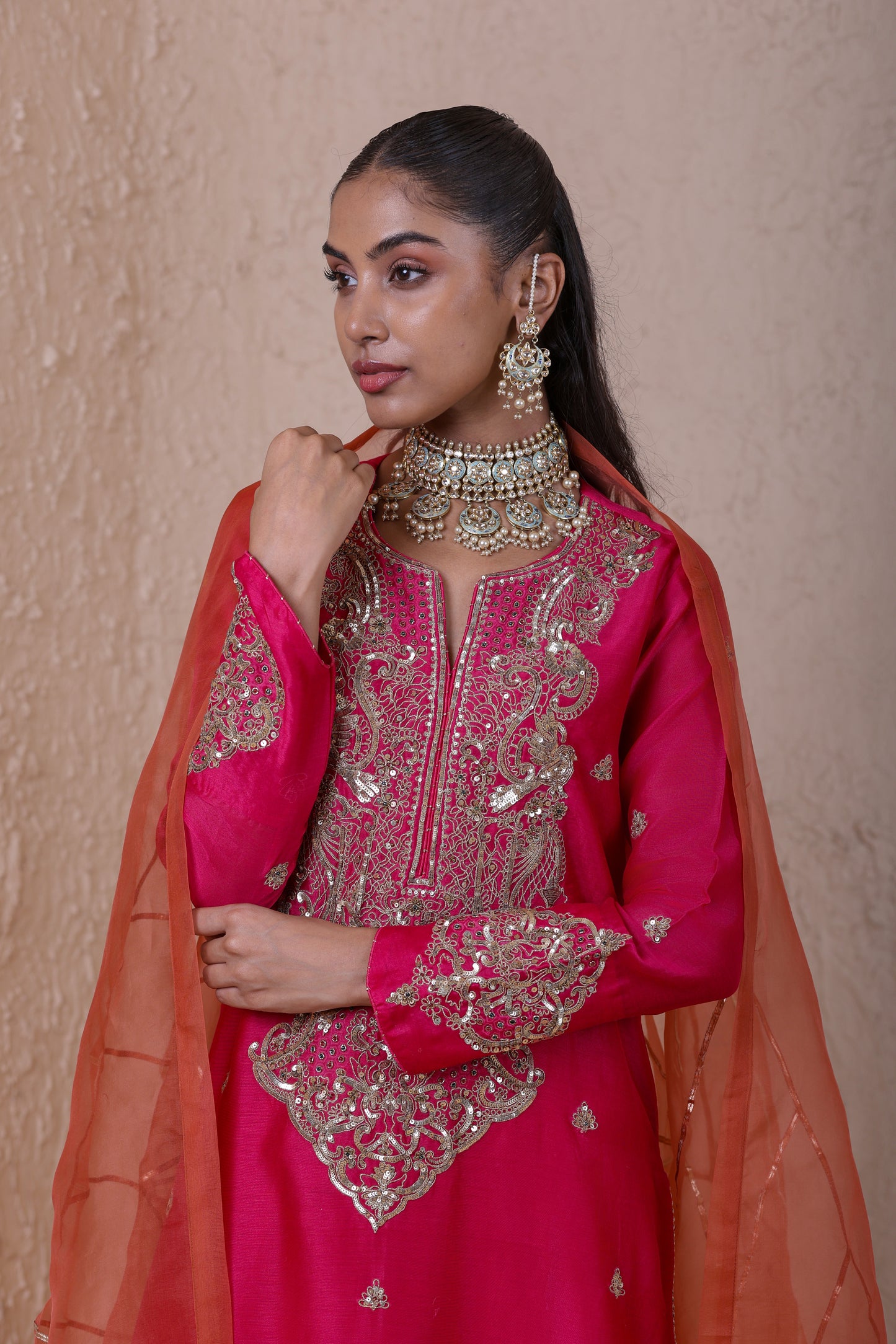 Rangrez Pink Aari Dori Long Kurta Set