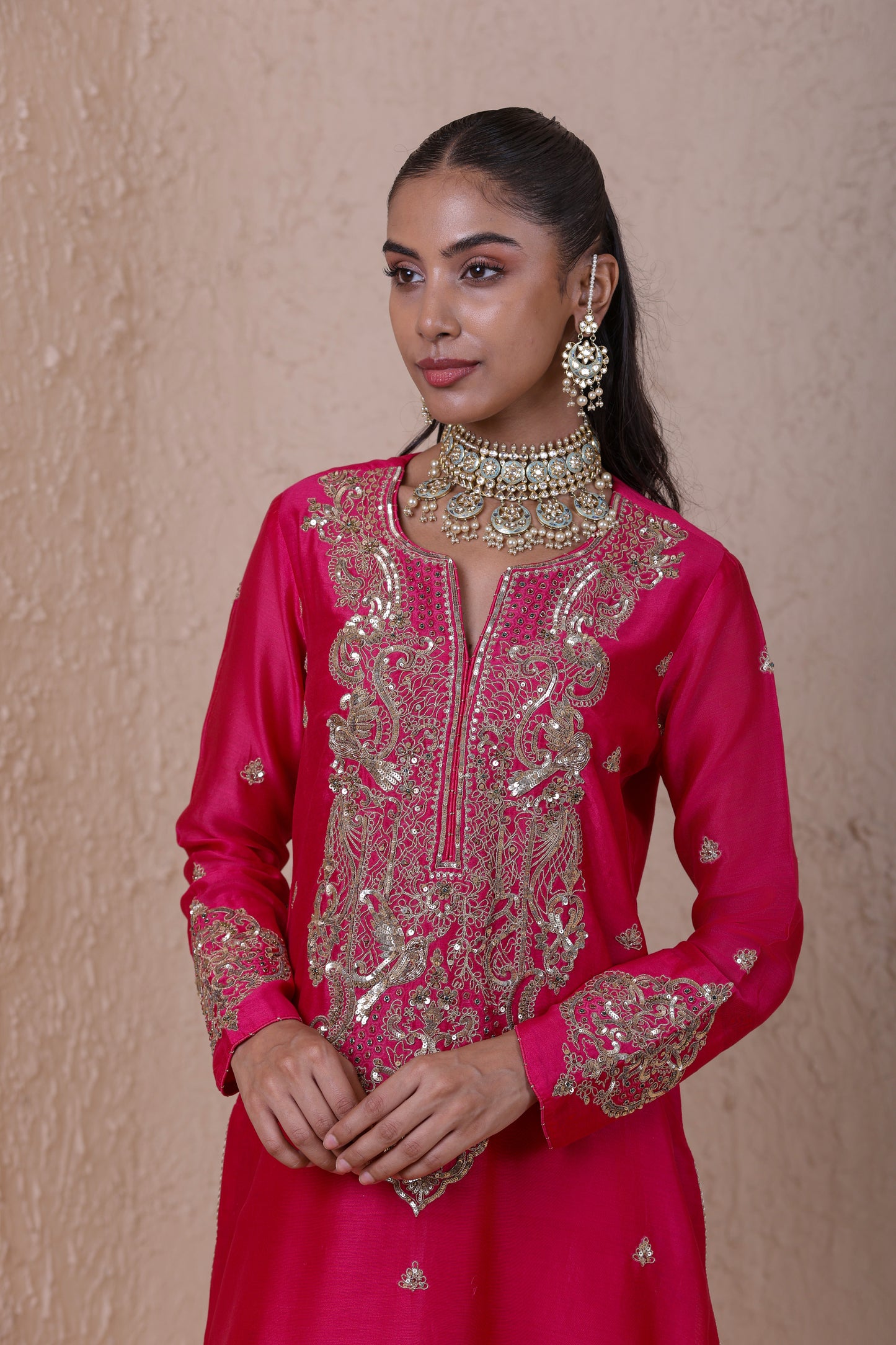 Rangrez Pink Aari Dori Long Kurta Set