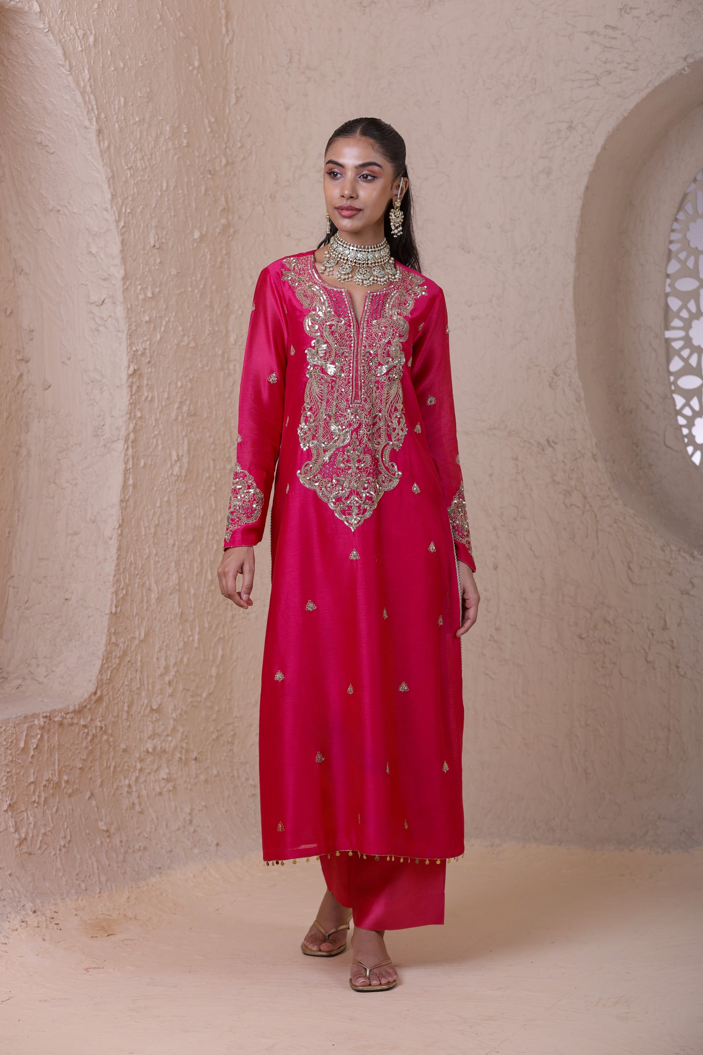 Rangrez Pink Aari Dori Long Kurta Set