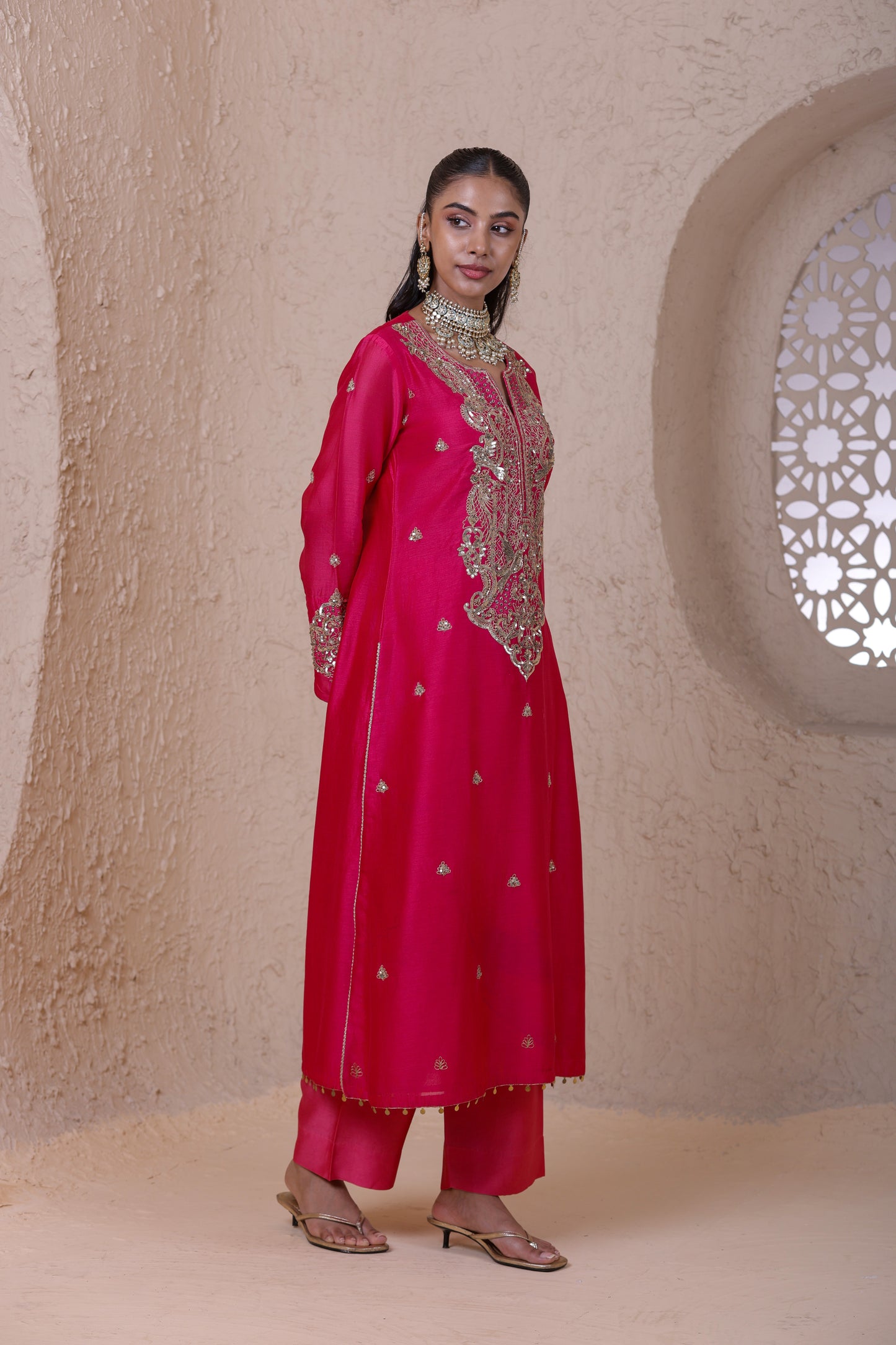 Rangrez Pink Aari Dori Long Kurta Set