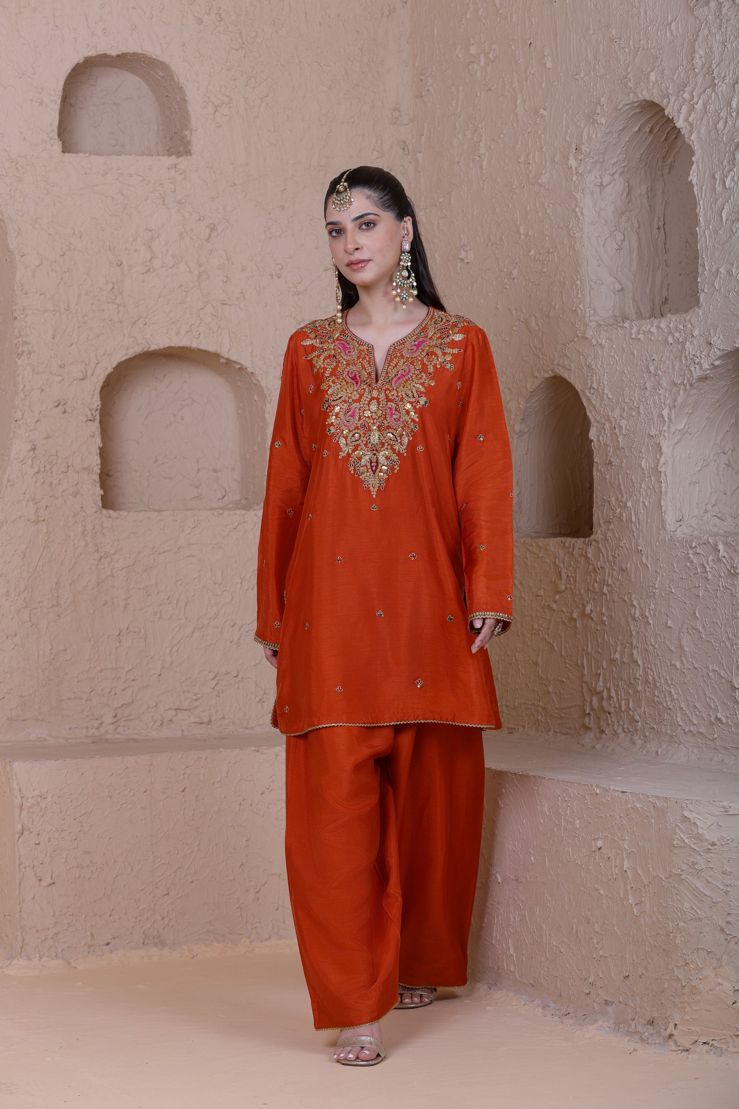 Rangrez Orange Heavy Neck Short Kurta Set