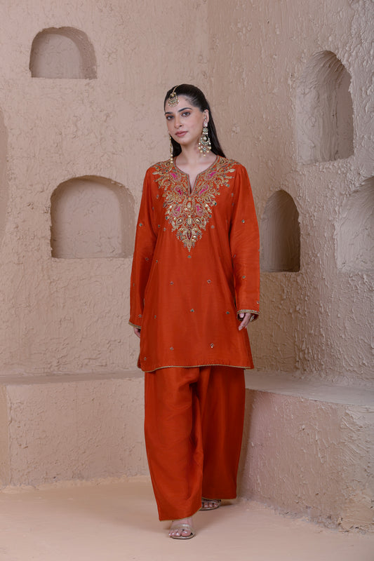 Rangrez Orange Heavy Neck Short Kurta Set