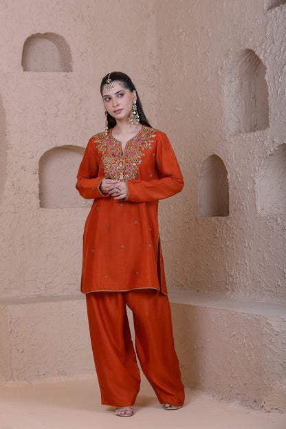 Rangrez Orange Heavy Neck Short Kurta Set