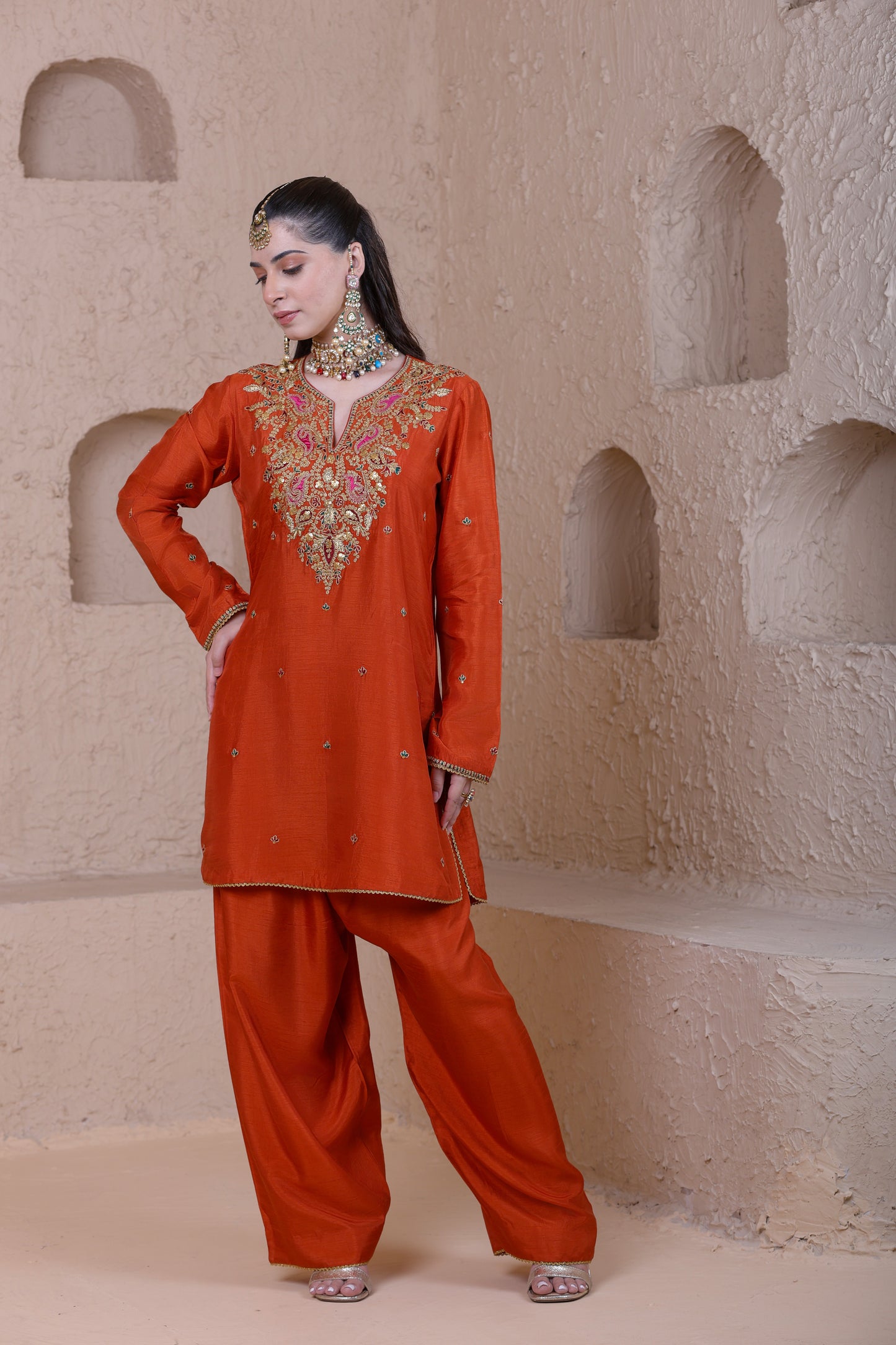 Rangrez Orange Heavy Neck Short Kurta Set
