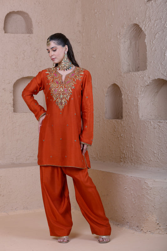 Rangrez Orange Heavy Neck Short Kurta Set