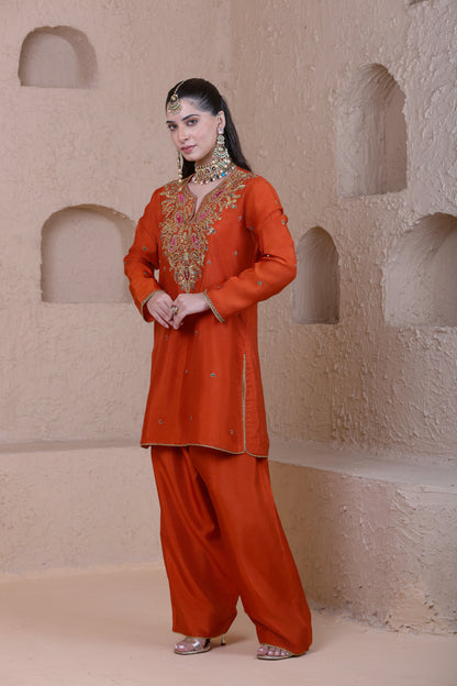 Rangrez Orange Heavy Neck Short Kurta Set