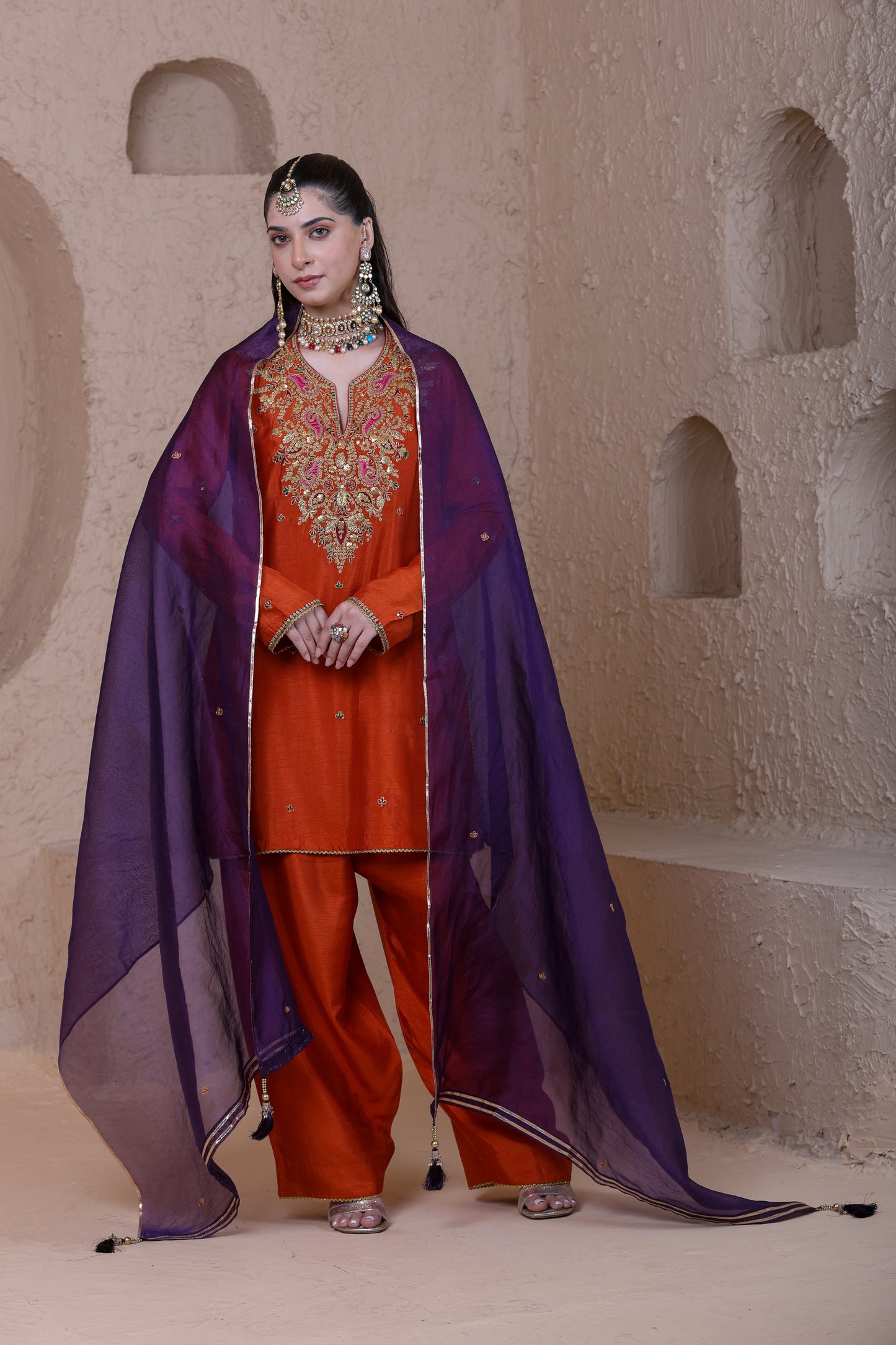 Rangrez Orange Heavy Neck Short Kurta Set
