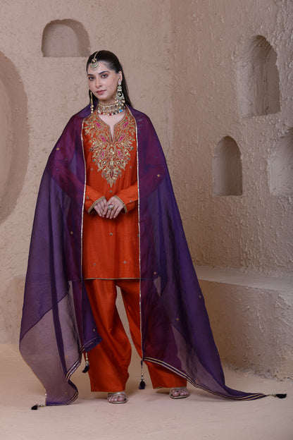 Rangrez Orange Heavy Neck Short Kurta Set
