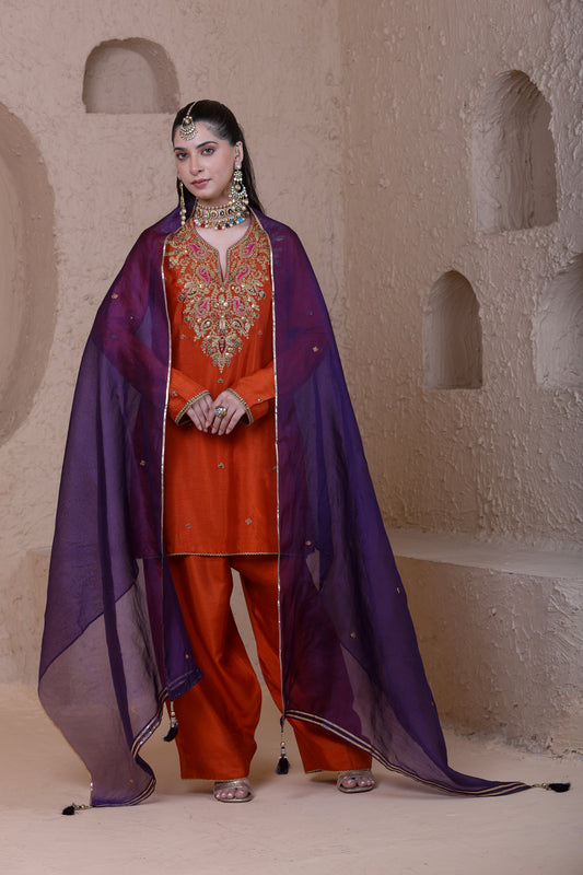 Rangrez Orange Heavy Neck Short Kurta Set