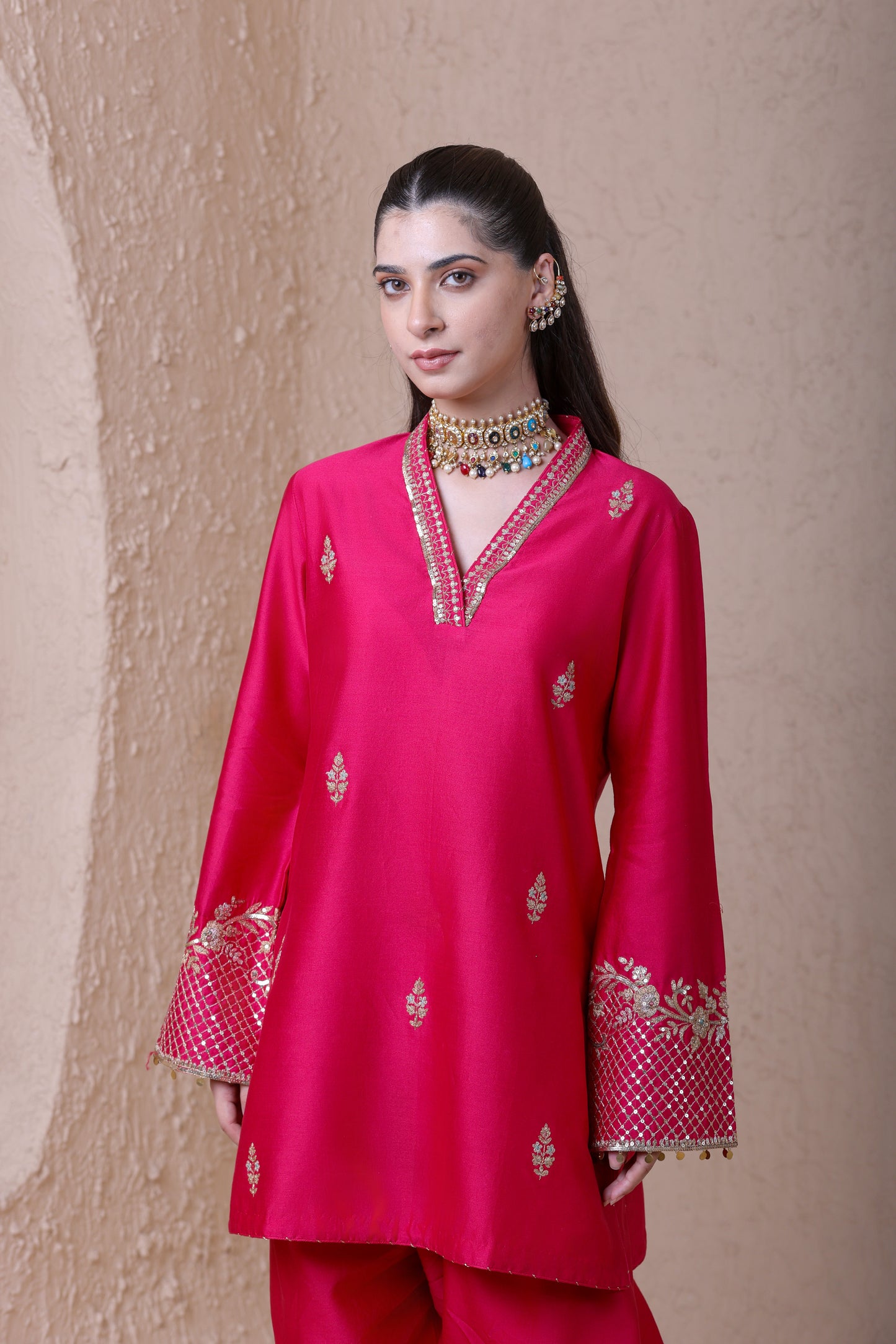 Rangrez Pink V Neck Short Kurta Set