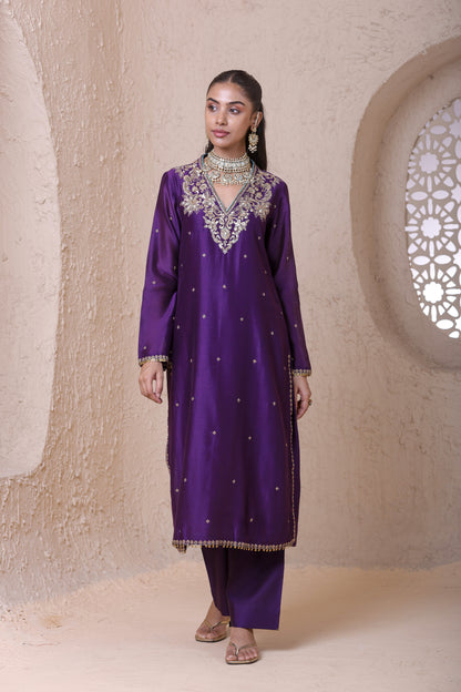 Rangrez Purple V neck Long Kurta Set