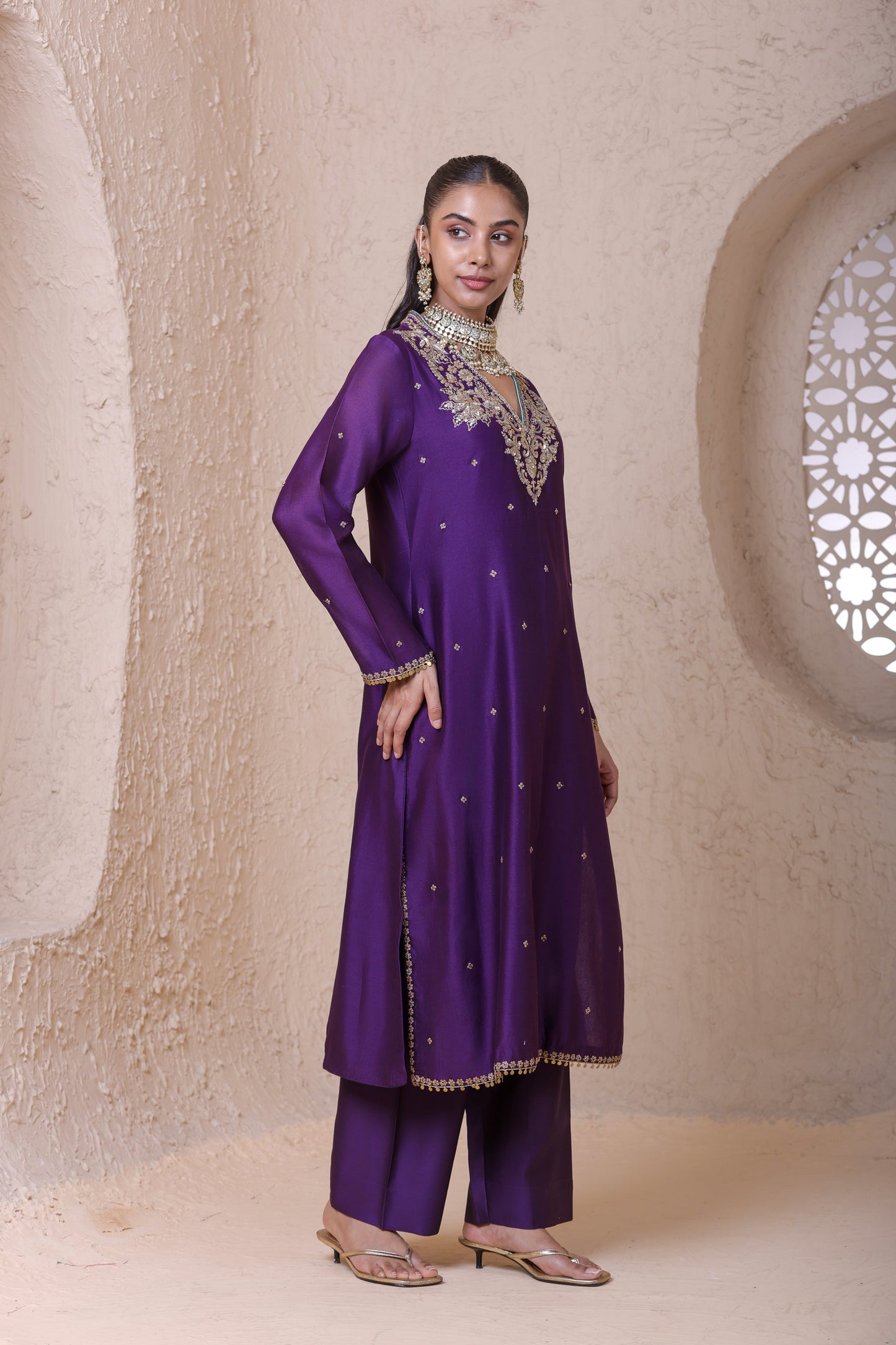Rangrez Purple V neck Long Kurta Set