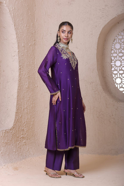 Rangrez Purple V neck Long Kurta Set