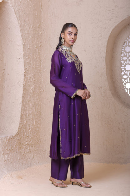 Rangrez Purple V neck Long Kurta Set