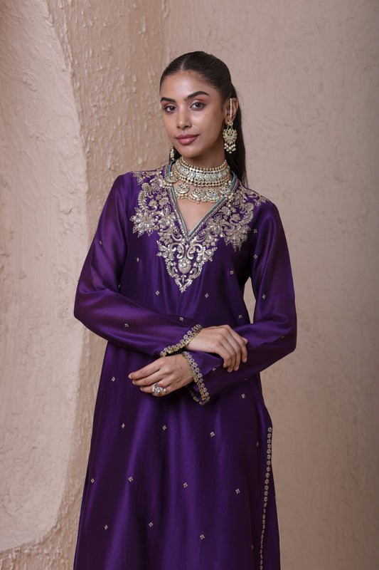 Rangrez Purple V neck Long Kurta Set