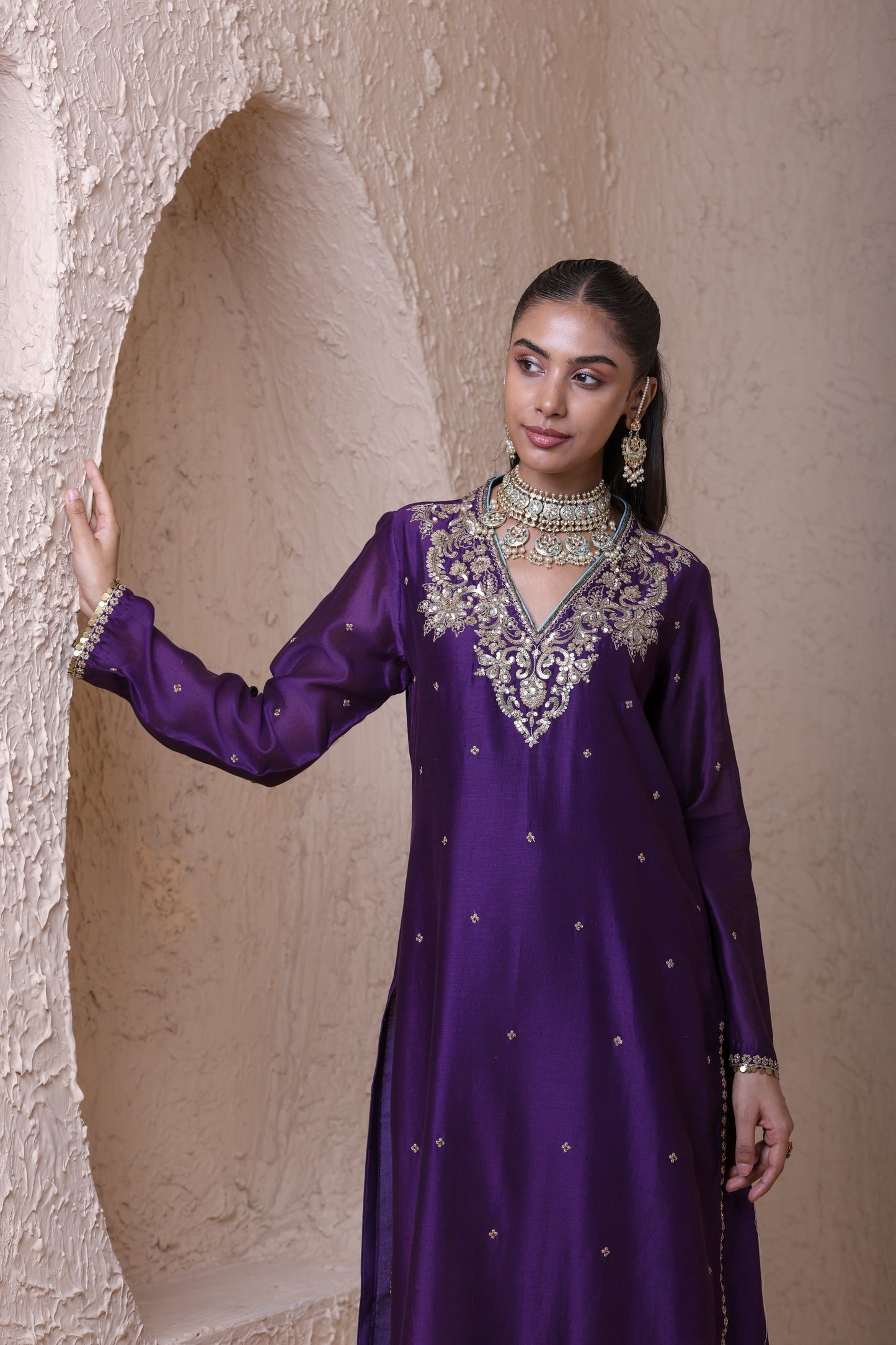 Rangrez Purple V neck Long Kurta Set