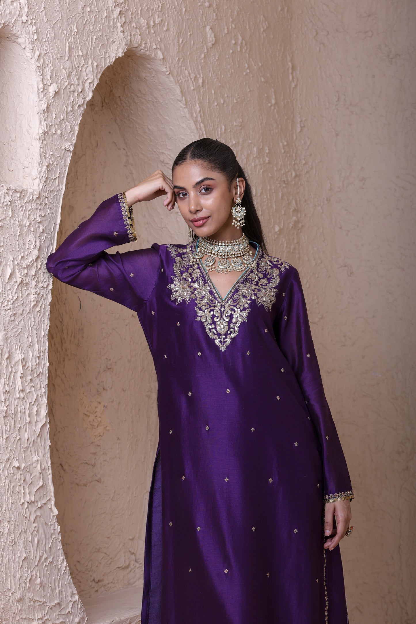 Rangrez Purple V neck Long Kurta Set