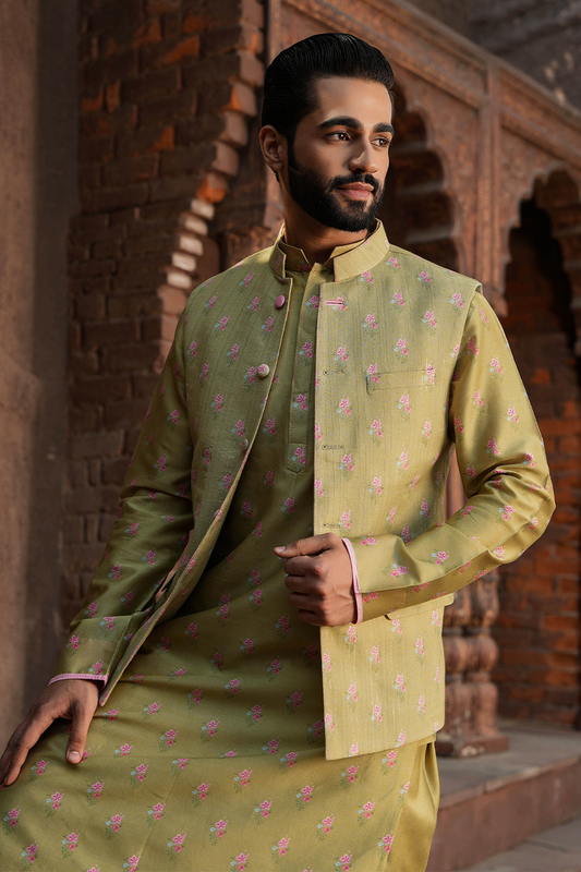 Green Mughal Printed Bandi & Kurta Set