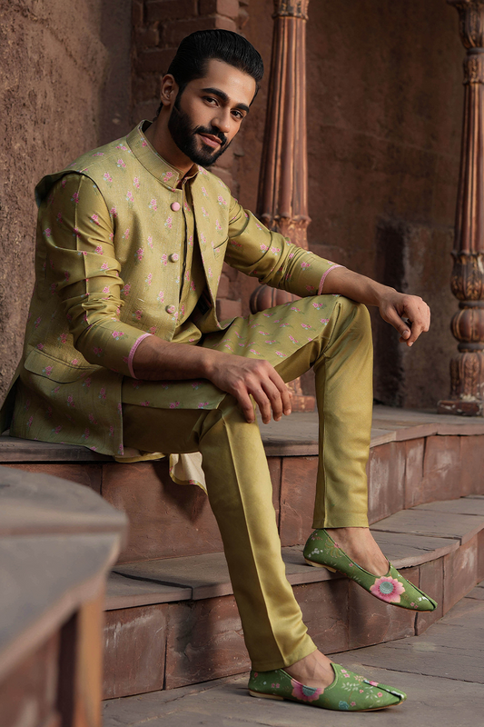 Green Mughal Printed Bandi & Kurta Set