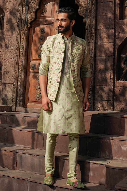 Mint Green Mughal Embroidered Kurta Set