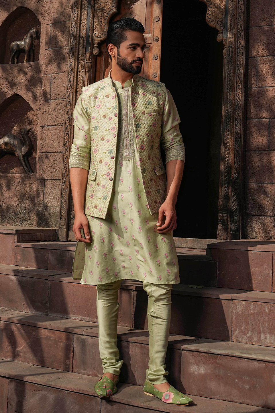 Mint Green Mughal Quilted Bandi & Printed Kurta Set