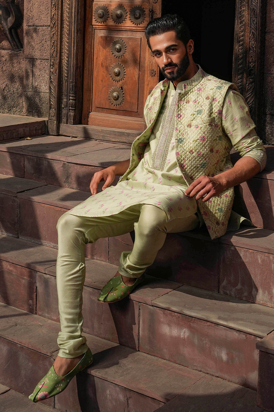 Mint Green Mughal Quilted Bandi & Printed Kurta Set