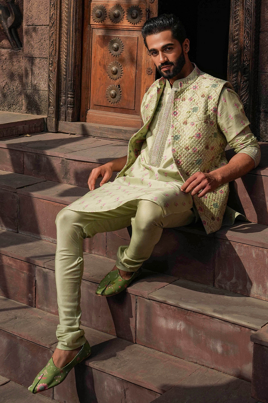 Mint Green Mughal Quilted Bandi & Printed Kurta Set