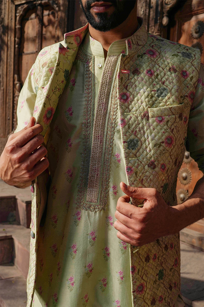 Mint Green Mughal Quilted Bandi & Printed Kurta Set