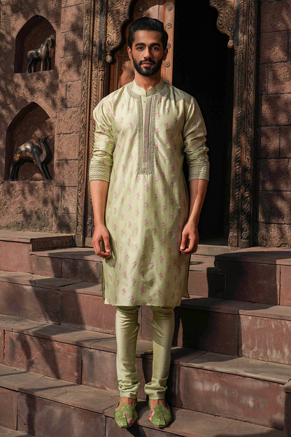 Mint Green Mughal Quilted Bandi & Printed Kurta Set