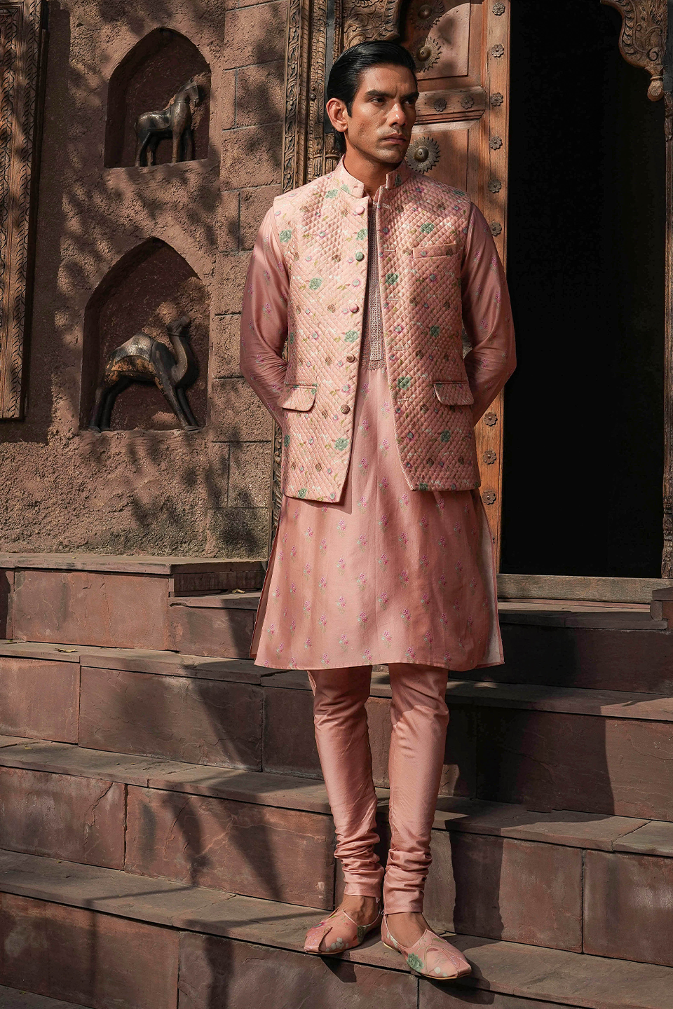 Blush Pink Mughal Quilted Bandi & Printed Kurta Set