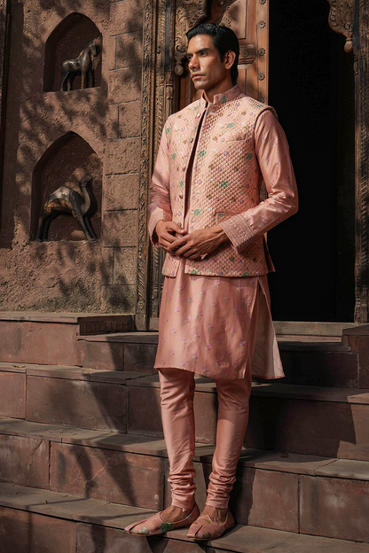 Blush Pink Mughal Quilted Bandi & Printed Kurta Set