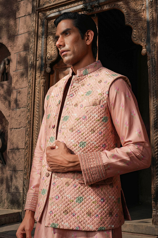 Blush Pink Mughal Quilted Bandi & Printed Kurta Set