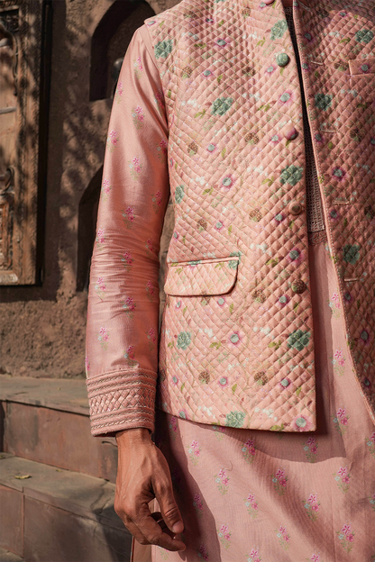 Blush Pink Mughal Quilted Bandi & Printed Kurta Set