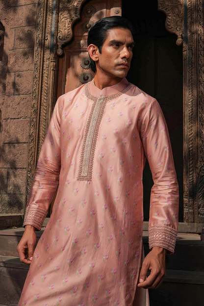 Blush Pink Mughal Quilted Bandi & Printed Kurta Set