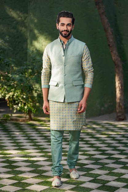 Turquoise Mughal Quilted Bandi & Printed Kurta Set