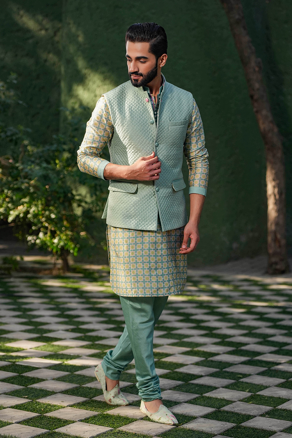 Turquoise Mughal Quilted Bandi & Printed Kurta Set