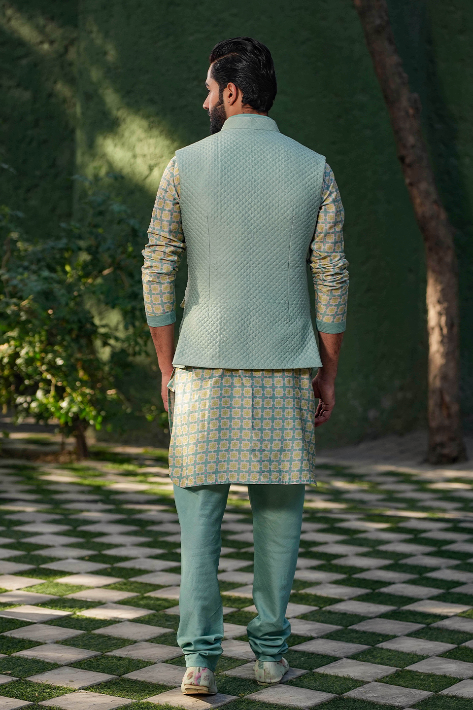 Turquoise Mughal Quilted Bandi & Printed Kurta Set