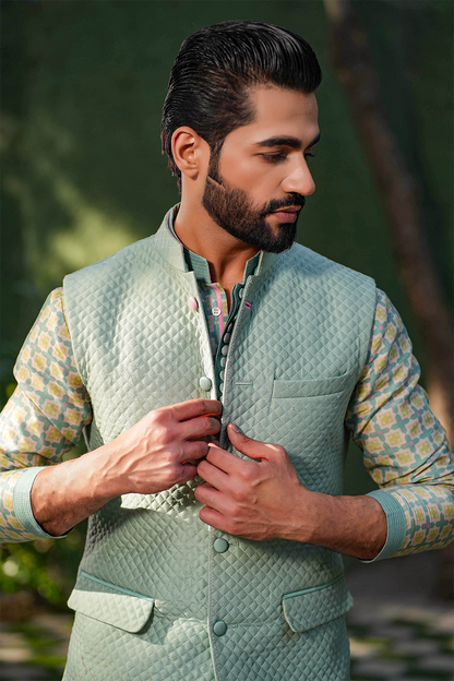 Turquoise Mughal Quilted Bandi & Printed Kurta Set