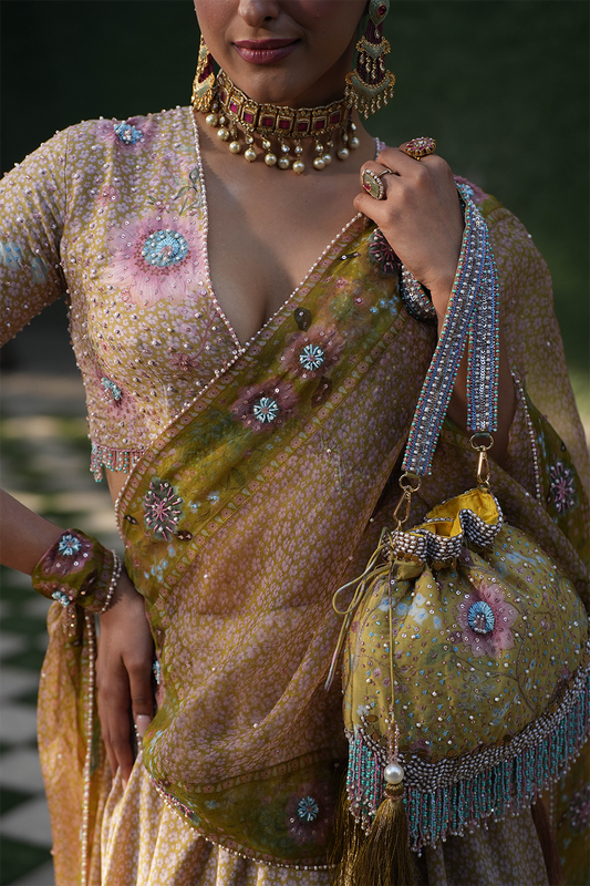 Yellow Mughal Embroidered Potli Bag
