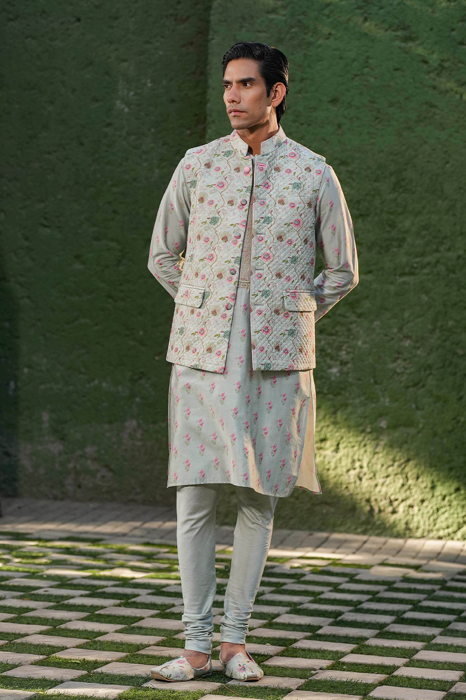 Blue Quilted Bandi & Embroidered Kurta Set