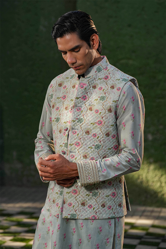 Blue Quilted Bandi & Embroidered Kurta Set