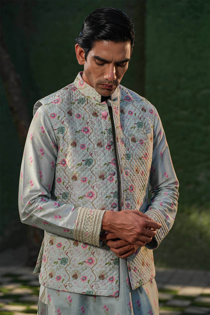 Blue Quilted Bandi & Embroidered Kurta Set