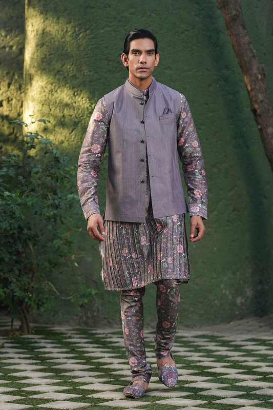 Purple Mughal Embroidered Bandi & Pleated Kurta Set