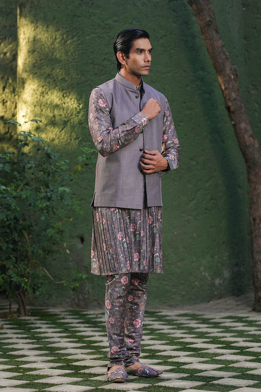 Purple Mughal Embroidered Bandi & Pleated Kurta Set
