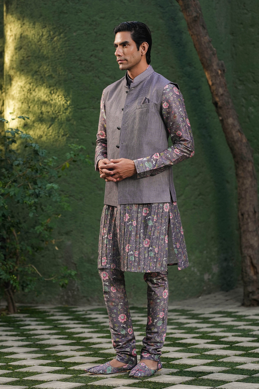 Purple Mughal Embroidered Bandi & Pleated Kurta Set