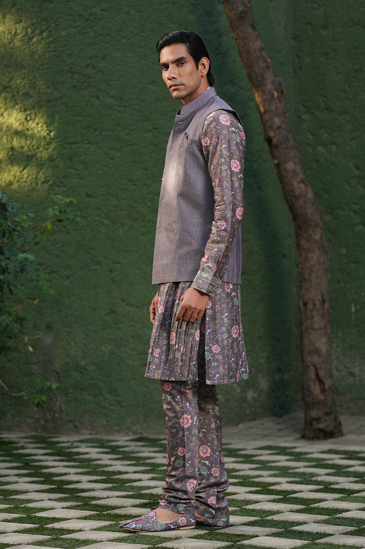 Purple Mughal Embroidered Bandi & Pleated Kurta Set